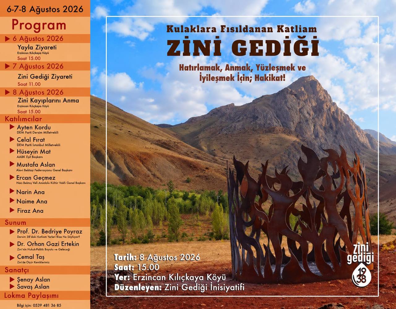 Zini Gediği 88. yıl anma programı afişi — 6-7-8 Ağustos 2026